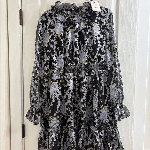Ted Baker Black & Silver Metallic Floral Ruffle Mini Dress - Picture 2 of 5